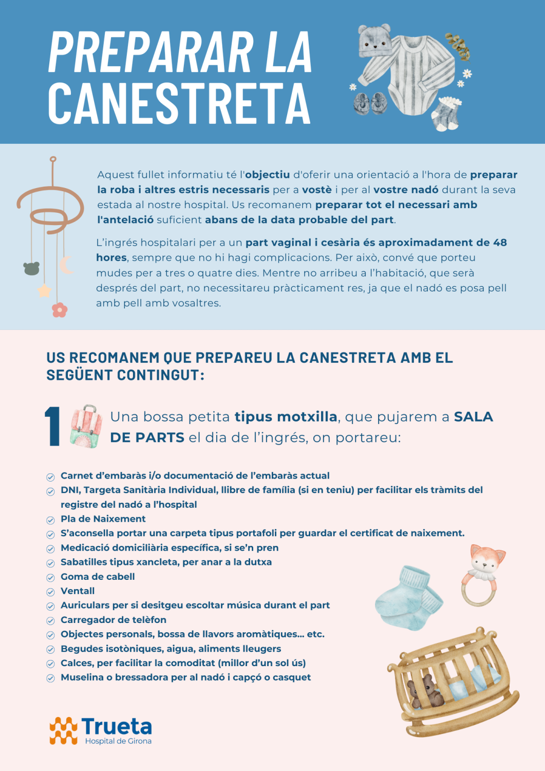Flyer amb indicacions de com preparar la canestreta per al part.