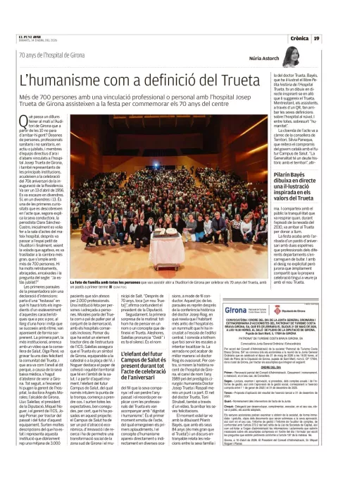 Portada d'El Punt Avui del 13 d'abril de 2026, que recull la celebració dels 70 anys del Trueta