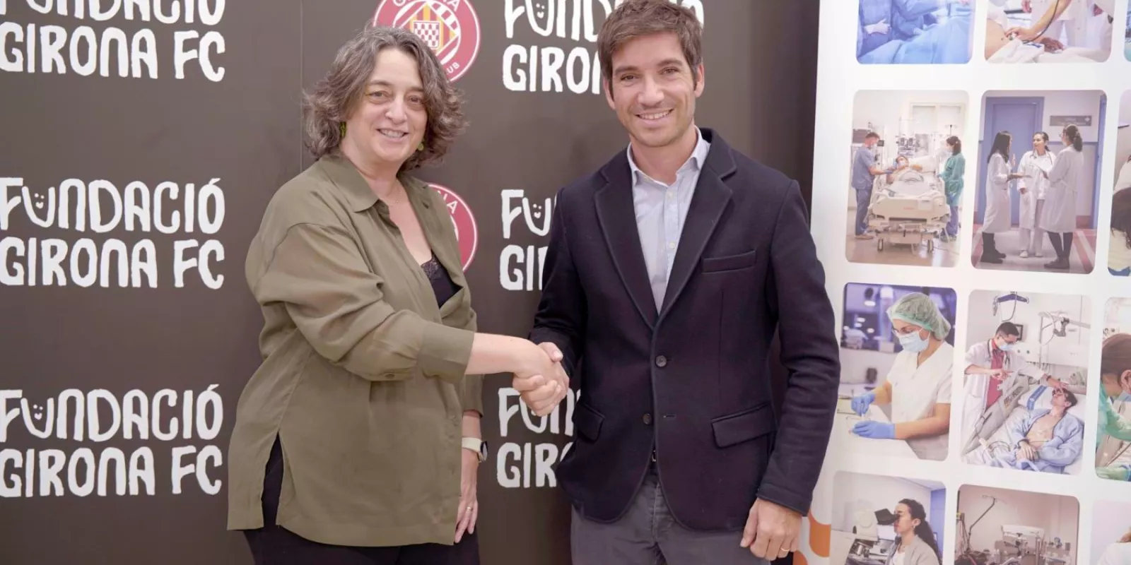 Àngels Morales, gerenta del Trueta i Ignasi Mas-Bagà, president de la Fundació Girona FC 1930 durant l'acte de signatura del conveni