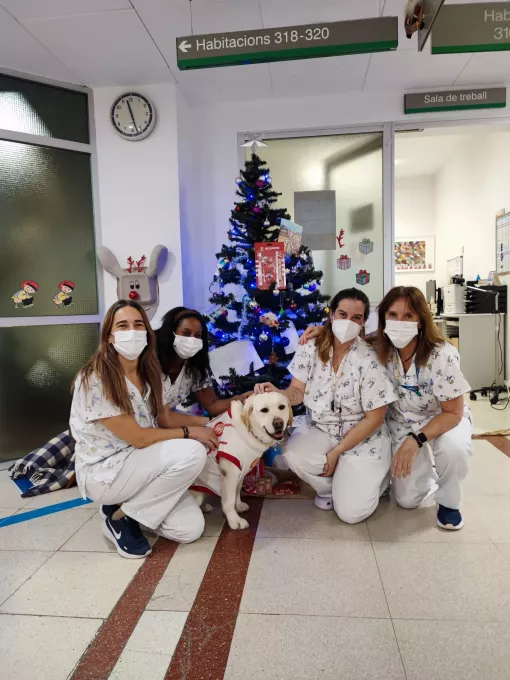 La Canya, la gossa oficial del Girona FC, amb les professionals de l'àrea de pediatria del Trueta.